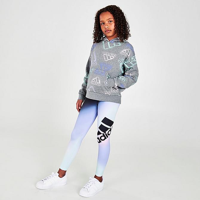 Front Three Quarter view of Girls' adidas Badge Of Sport Logo Allover Print Fleece Hoodie in Grey/Multi Click to zoom