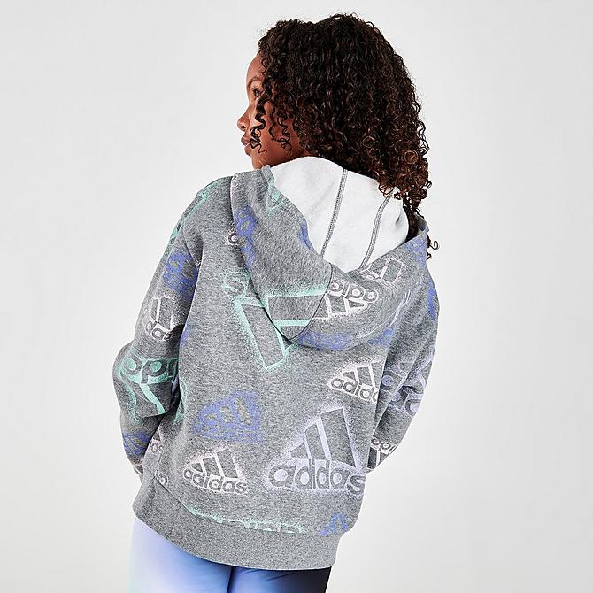 Back Right view of Girls' adidas Badge Of Sport Logo Allover Print Fleece Hoodie in Grey/Multi Click to zoom