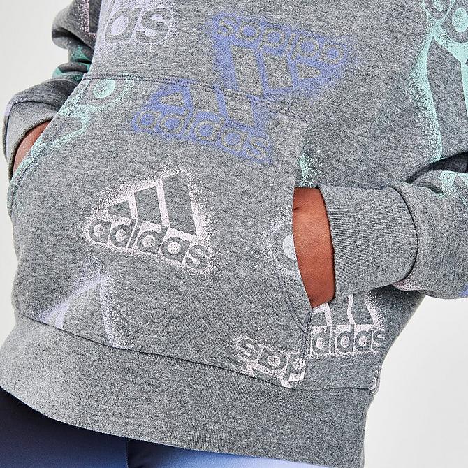 On Model 5 view of Girls' adidas Badge Of Sport Logo Allover Print Fleece Hoodie in Grey/Multi Click to zoom