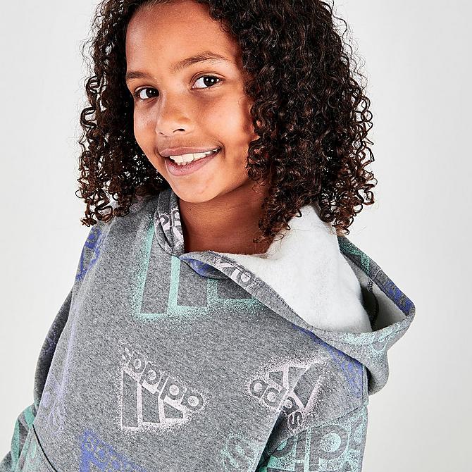 On Model 6 view of Girls' adidas Badge Of Sport Logo Allover Print Fleece Hoodie in Grey/Multi Click to zoom