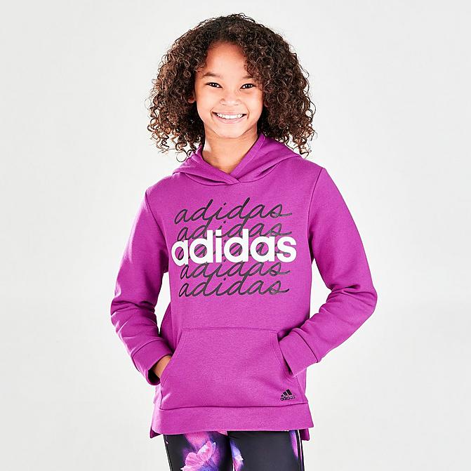 Front view of Girls' adidas Multi Script Pullover Hoodie in Sonic Fuchsia Click to zoom