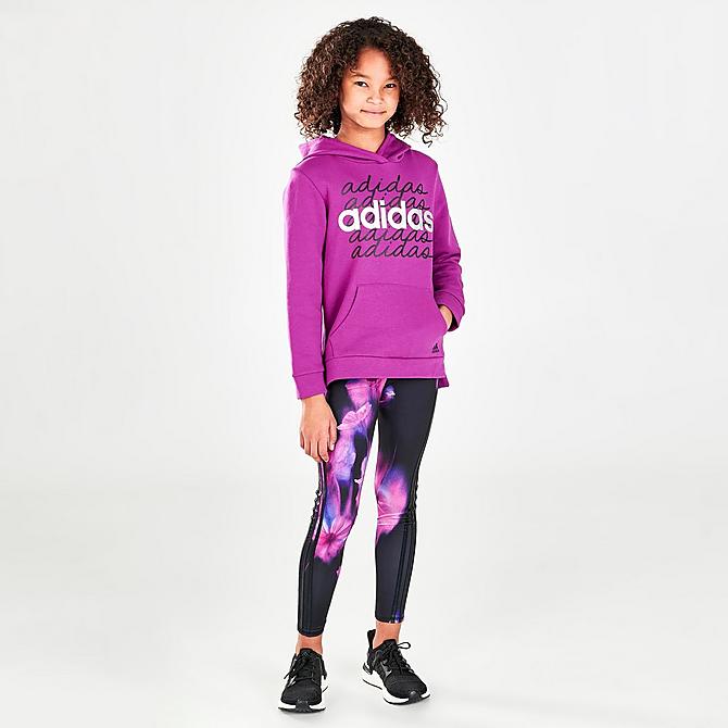 Front Three Quarter view of Girls' adidas Multi Script Pullover Hoodie in Sonic Fuchsia Click to zoom