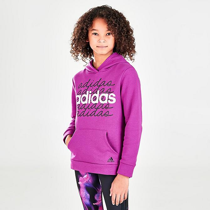 Back Left view of Girls' adidas Multi Script Pullover Hoodie in Sonic Fuchsia Click to zoom