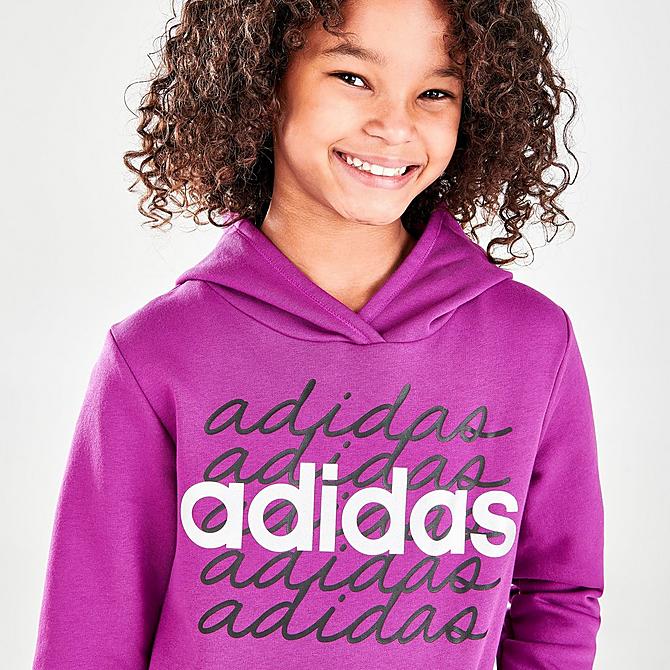 On Model 5 view of Girls' adidas Multi Script Pullover Hoodie in Sonic Fuchsia Click to zoom