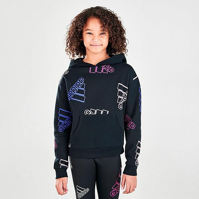 Front view of Girls' adidas Allover Print Brand Love Pullover Hoodie in Black/Allover Print Click to zoom