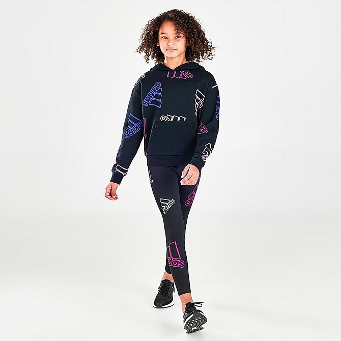 Front Three Quarter view of Girls' adidas Allover Print Brand Love Pullover Hoodie in Black/Allover Print Click to zoom