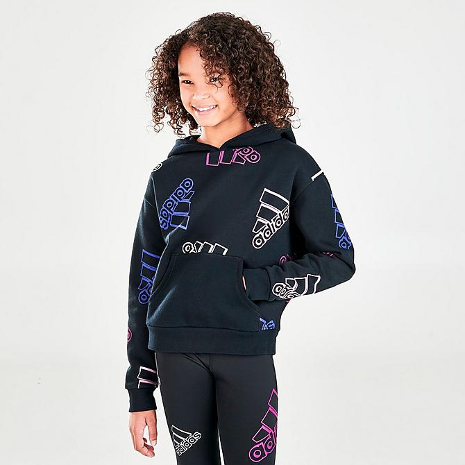 Back Left view of Girls' adidas Allover Print Brand Love Pullover Hoodie in Black/Allover Print Click to zoom