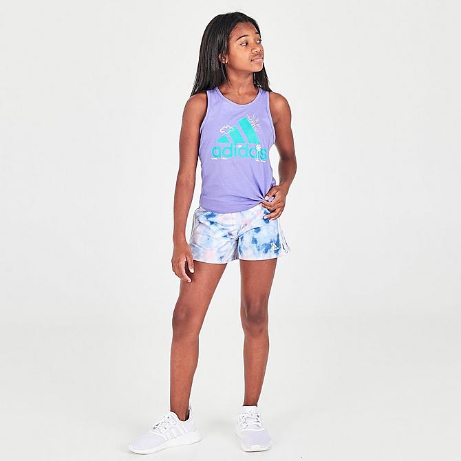 Front Three Quarter view of Girls' adidas Spring Tie-Front Tank in Purple Multi Click to zoom