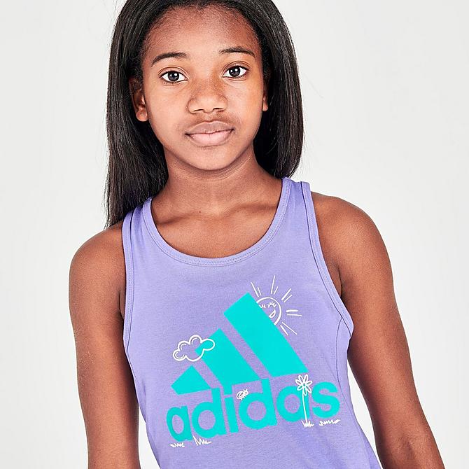 On Model 5 view of Girls' adidas Spring Tie-Front Tank in Purple Multi Click to zoom