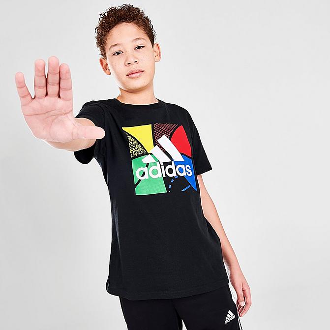 Front view of Boys' adidas Boxed Badge of Sport Logo T-Shirt in Black Click to zoom