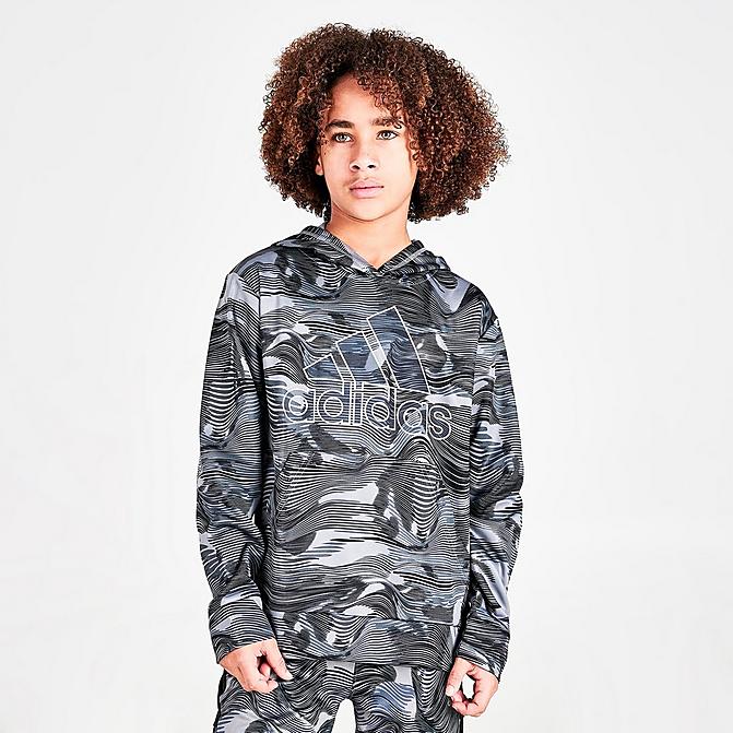 Front view of Boys' adidas Warp Camo Allover Print Hoodie in Black/Camo Click to zoom