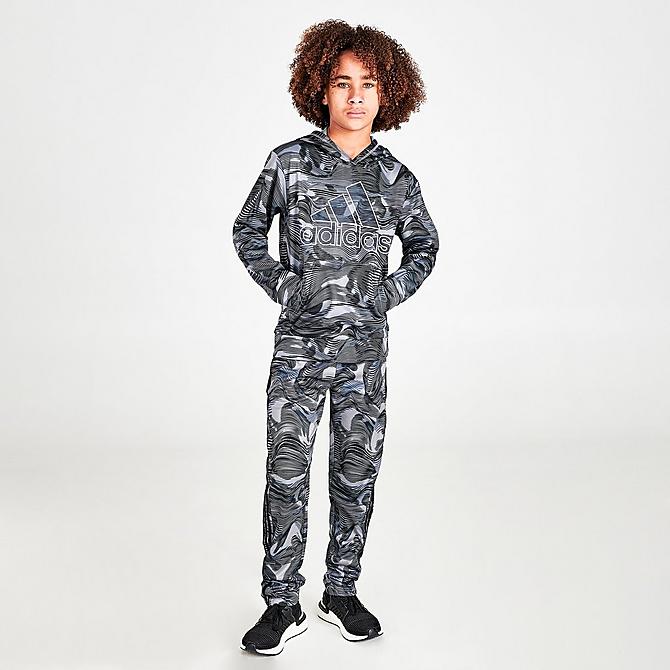 Front Three Quarter view of Boys' adidas Warp Camo Allover Print Hoodie in Black/Camo Click to zoom