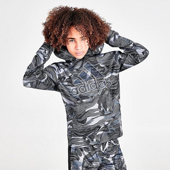 Back Left view of Boys' adidas Warp Camo Allover Print Hoodie in Black/Camo Click to zoom