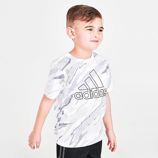 Back Left view of Boys' Toddler adidas Tiger Camo Print T-Shirt in White/Grey/Black Click to zoom