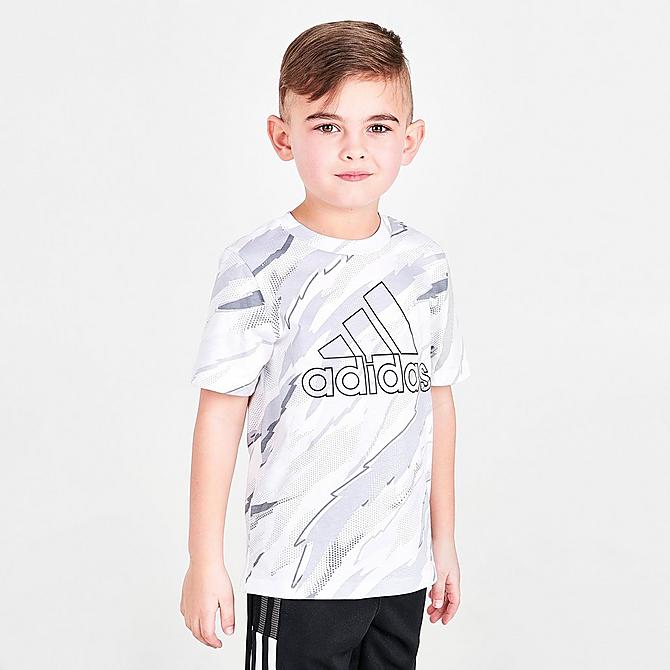 Back Right view of Boys' Toddler adidas Tiger Camo Print T-Shirt in White/Grey/Black Click to zoom