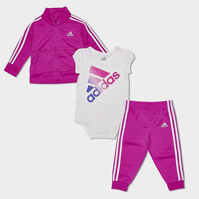 Right view of Girls' Infant adidas Badge Of Sport Tricot Tracksuit and Bodysuit Set (3-Piece) in Sonic Fuchsia Click to zoom