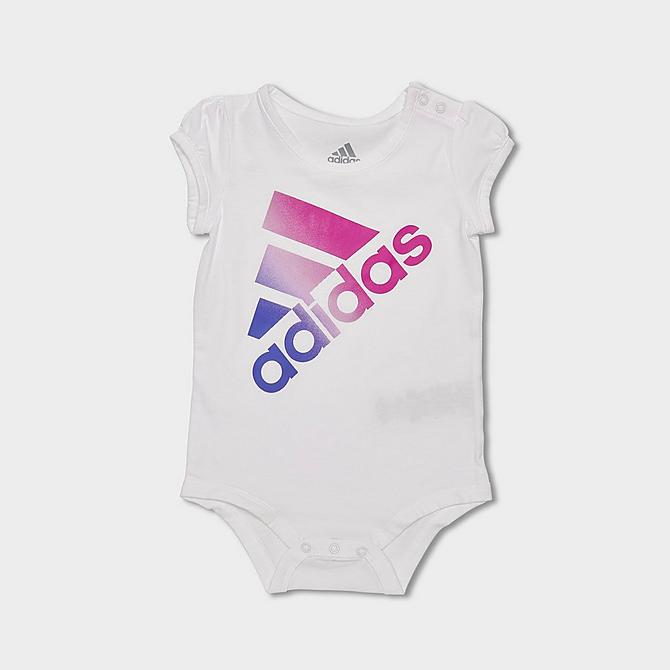 Three Quarter view of Girls' Infant adidas Badge Of Sport Tricot Tracksuit and Bodysuit Set (3-Piece) in Sonic Fuchsia Click to zoom