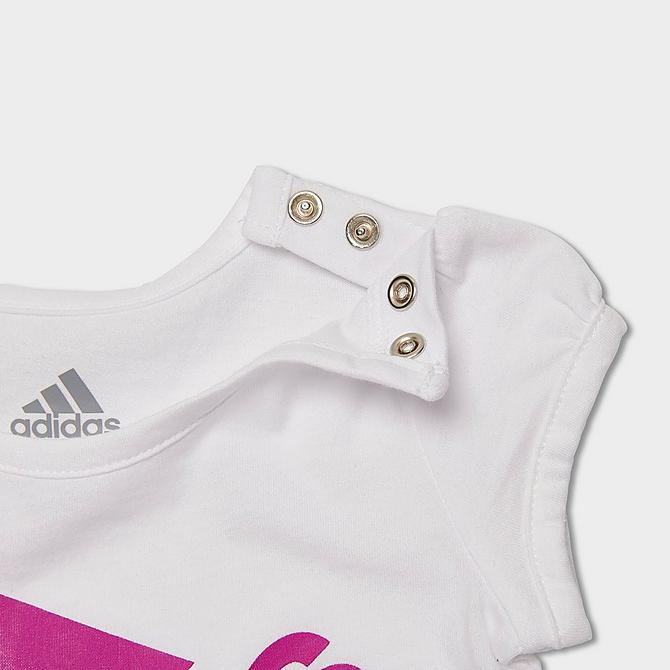Front view of Girls' Infant adidas Badge Of Sport Tricot Tracksuit and Bodysuit Set (3-Piece) in Sonic Fuchsia Click to zoom