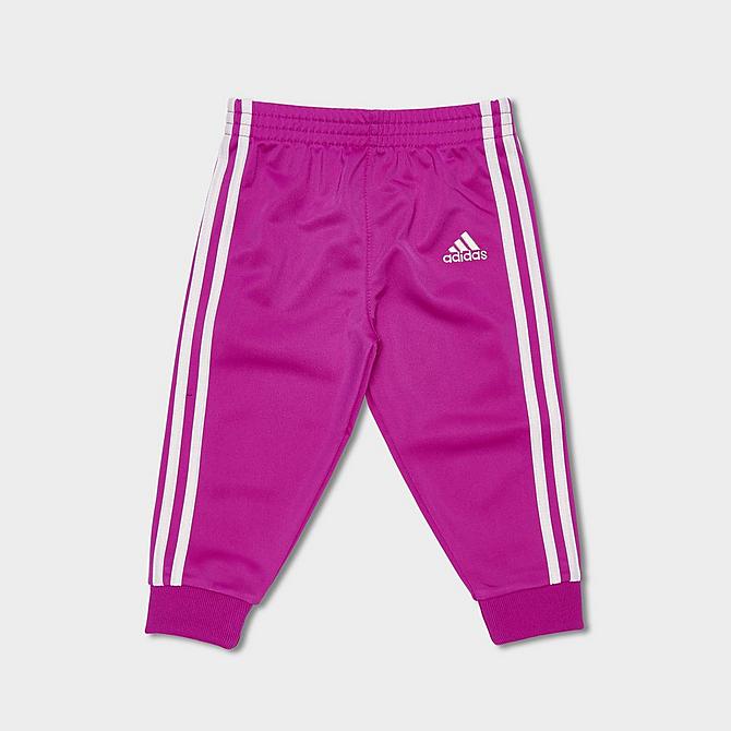 Left view of Girls' Infant adidas Badge Of Sport Tricot Tracksuit and Bodysuit Set (3-Piece) in Sonic Fuchsia Click to zoom