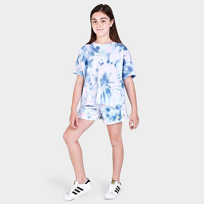 Front Three Quarter view of Girls' adidas Tie-Dye 3-Stripes Shorts in Tie-Dye Click to zoom