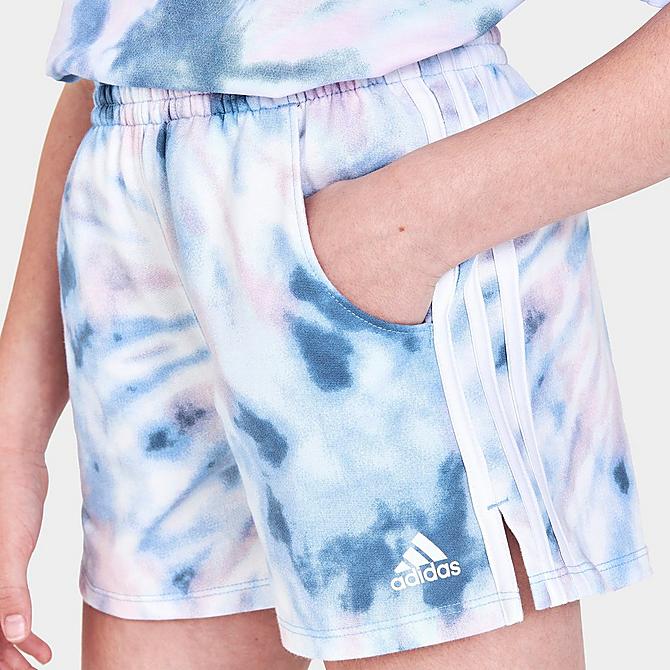 On Model 5 view of Girls' adidas Tie-Dye 3-Stripes Shorts in Tie-Dye Click to zoom