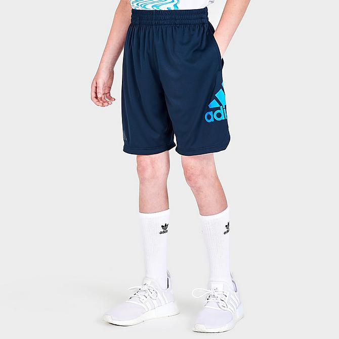 Back Left view of Boys' adidas Big Logo Shorts in Navy/Blue Click to zoom
