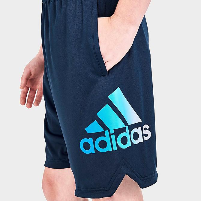On Model 6 view of Boys' adidas Big Logo Shorts in Navy/Blue Click to zoom