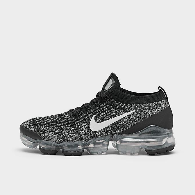 Right view of Women's Nike Air VaporMax Flyknit 3 Running Shoes in Black/White/Metallic Silver Click to zoom