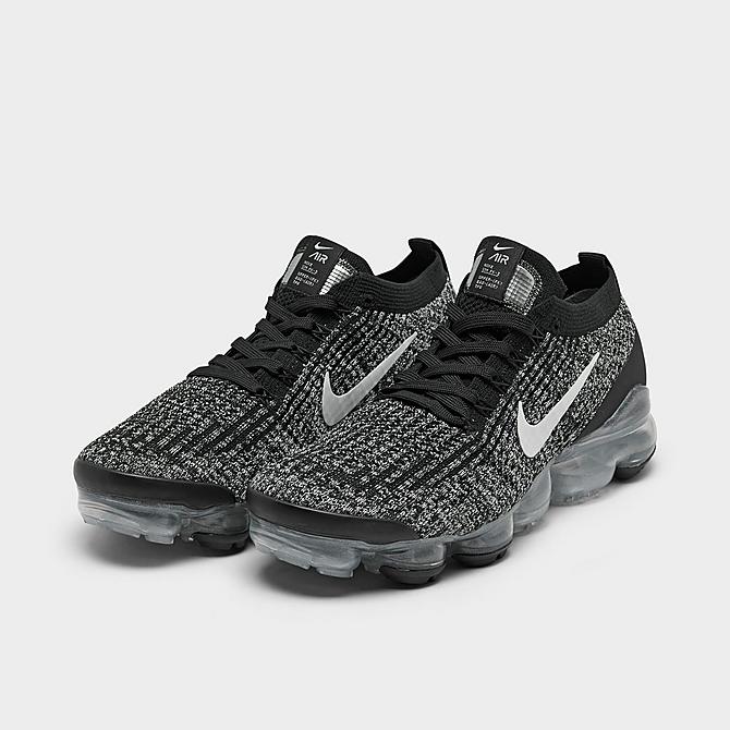 Three Quarter view of Women's Nike Air VaporMax Flyknit 3 Running Shoes in Black/White/Metallic Silver Click to zoom