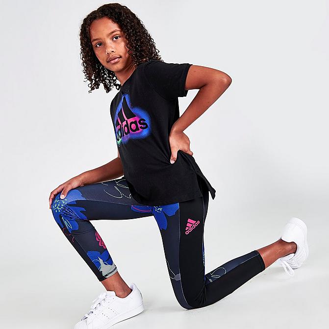 Front view of Girls' adidas AOP Pocket Leggings in Black/Multi Click to zoom
