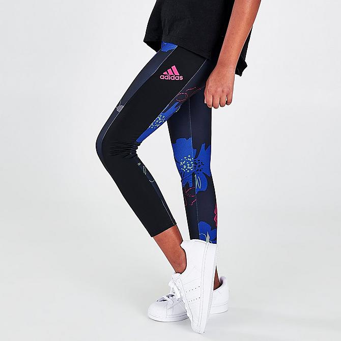Front Three Quarter view of Girls' adidas AOP Pocket Leggings in Black/Multi Click to zoom