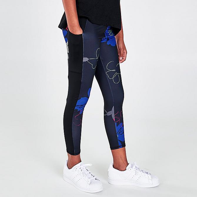 Back Left view of Girls' adidas AOP Pocket Leggings in Black/Multi Click to zoom