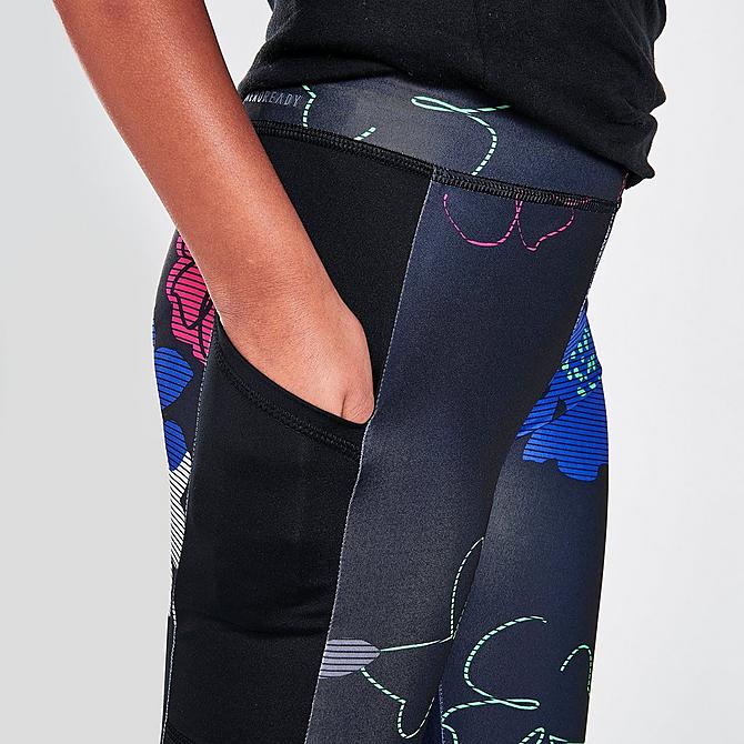 On Model 5 view of Girls' adidas AOP Pocket Leggings in Black/Multi Click to zoom