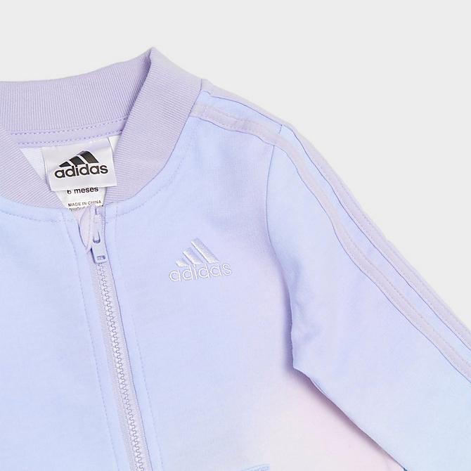 [angle] view of Infant adidas Badge of Sport French Terry Onesie in Purple Click to zoom