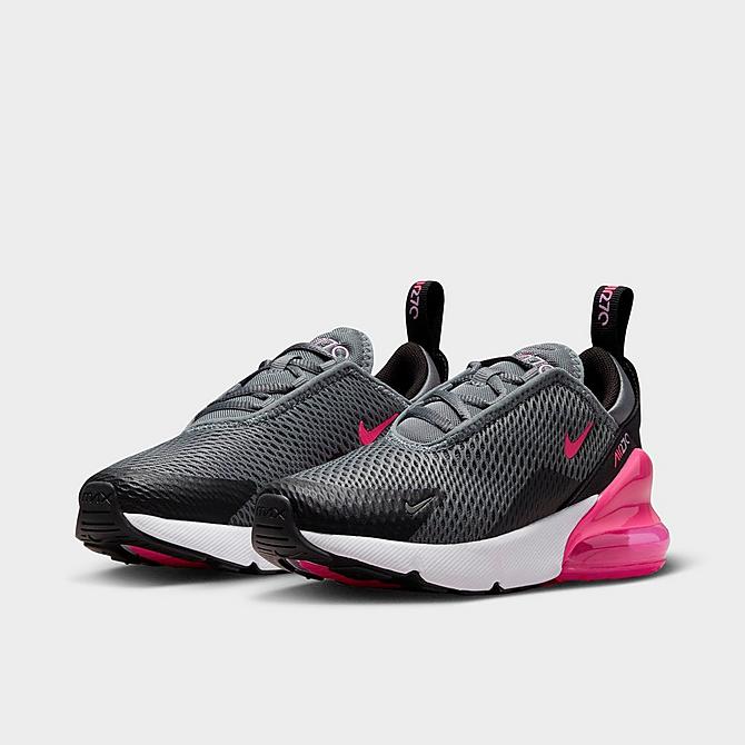 Three Quarter view of Girls' Little Kids' Nike Air Max 270 Casual Shoes in Smoke Grey/Hyper Pink/Black/White Click to zoom