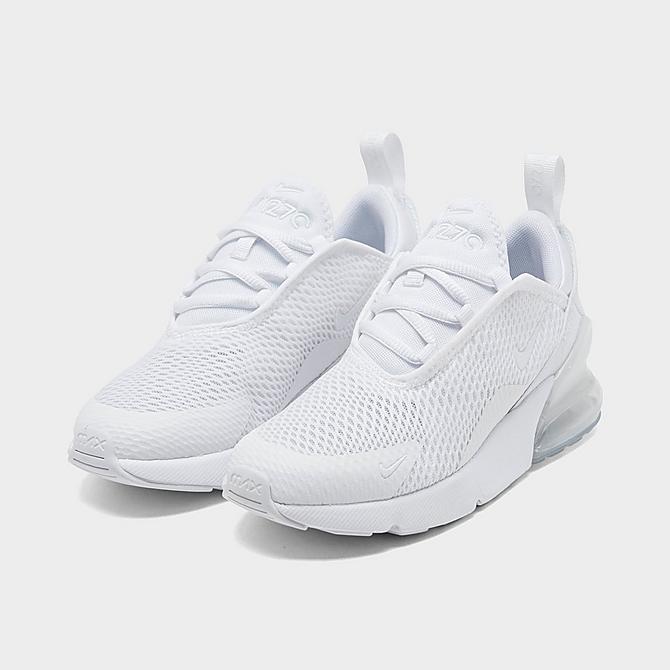 Three Quarter view of Little Kids' Nike Air Max 270 Casual Shoes in White/Metallic Silver Click to zoom
