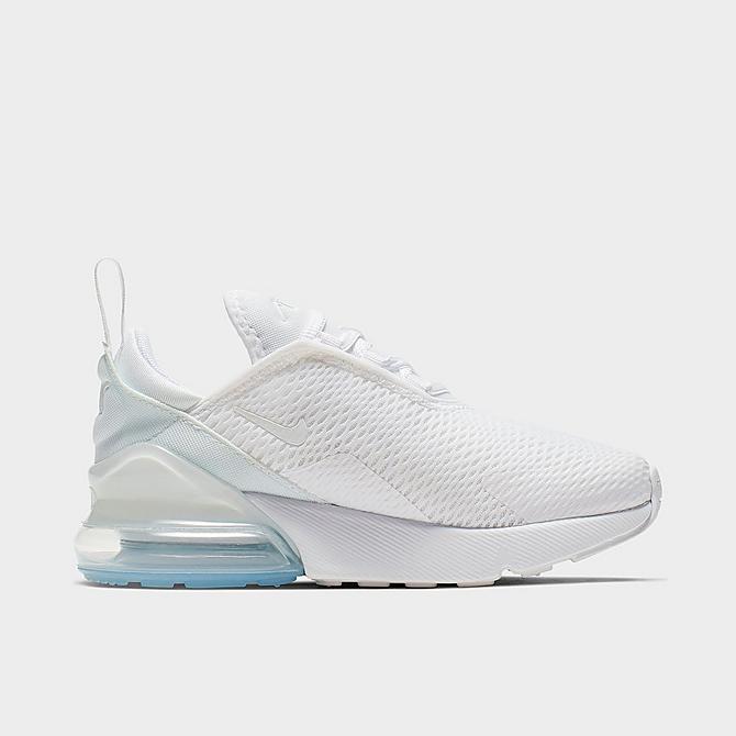 Front view of Little Kids' Nike Air Max 270 Casual Shoes in White/Metallic Silver Click to zoom