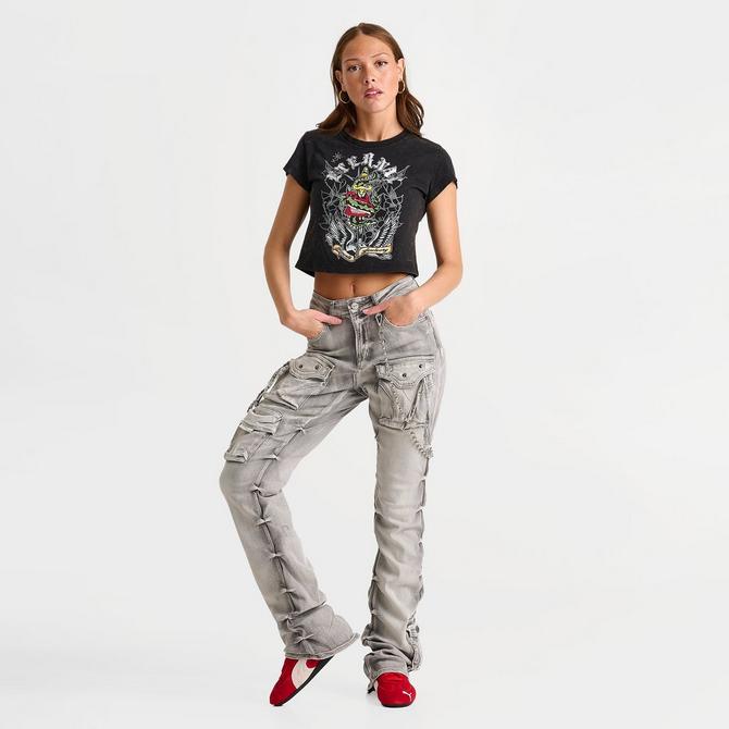 [angle] view of Women's Smoke Rise Ruby High-Rise Stacked Side Pocket Denim Pants in Grey/Denim Click to zoom
