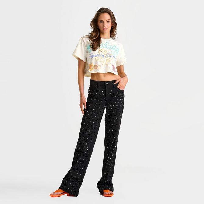 [angle] view of Women's Smoke Rise Alex Mid-Rise Wide Leg Rhinestone Denim Pants in Black/Denim Click to zoom
