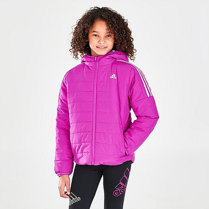 Front view of Girls' adidas Classic Puffer Jacket in Sonic Fuchsia Click to zoom