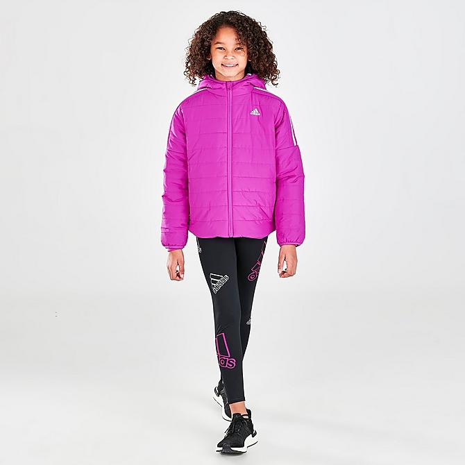 Front Three Quarter view of Girls' adidas Classic Puffer Jacket in Sonic Fuchsia Click to zoom