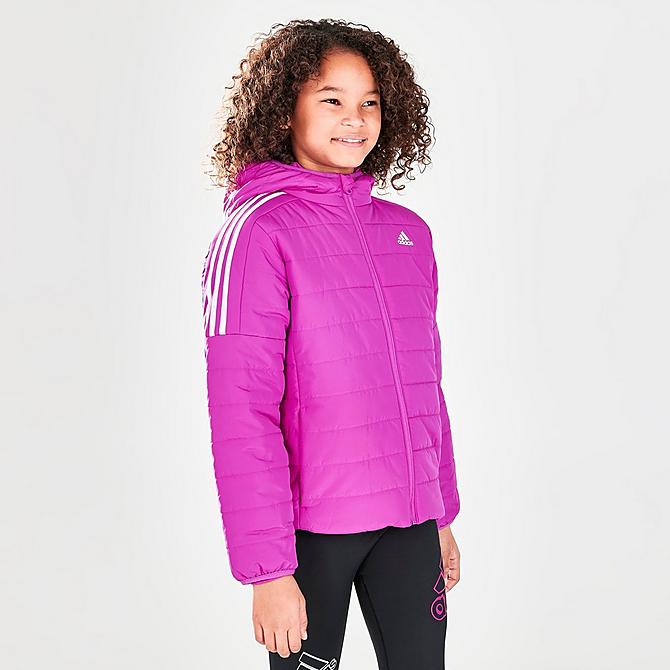Back Left view of Girls' adidas Classic Puffer Jacket in Sonic Fuchsia Click to zoom