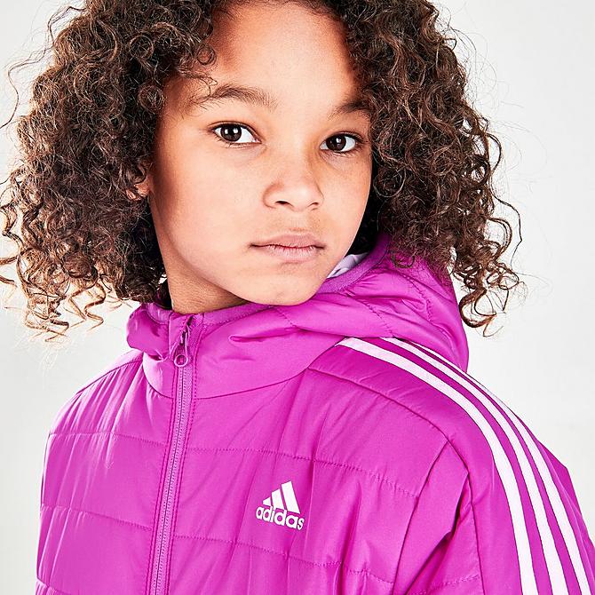 On Model 5 view of Girls' adidas Classic Puffer Jacket in Sonic Fuchsia Click to zoom