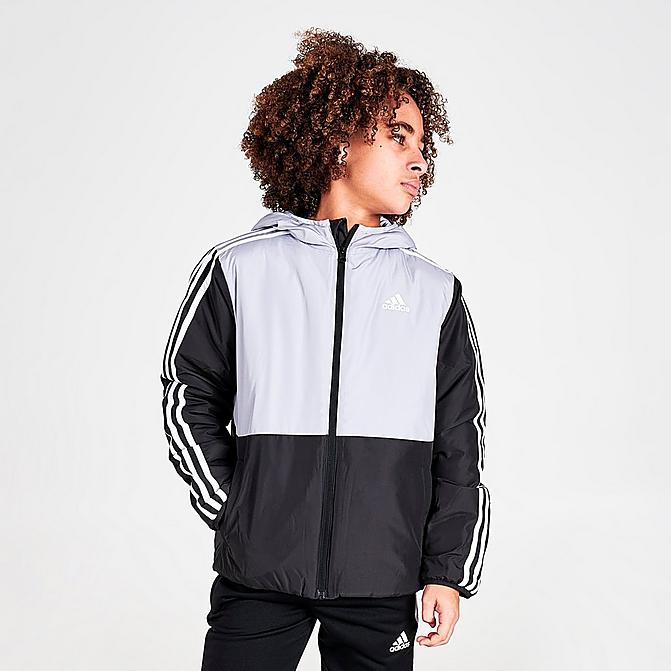 Front view of Boys' adidas Colorblocked Insulated Jacket in Black/Halo Silver Click to zoom