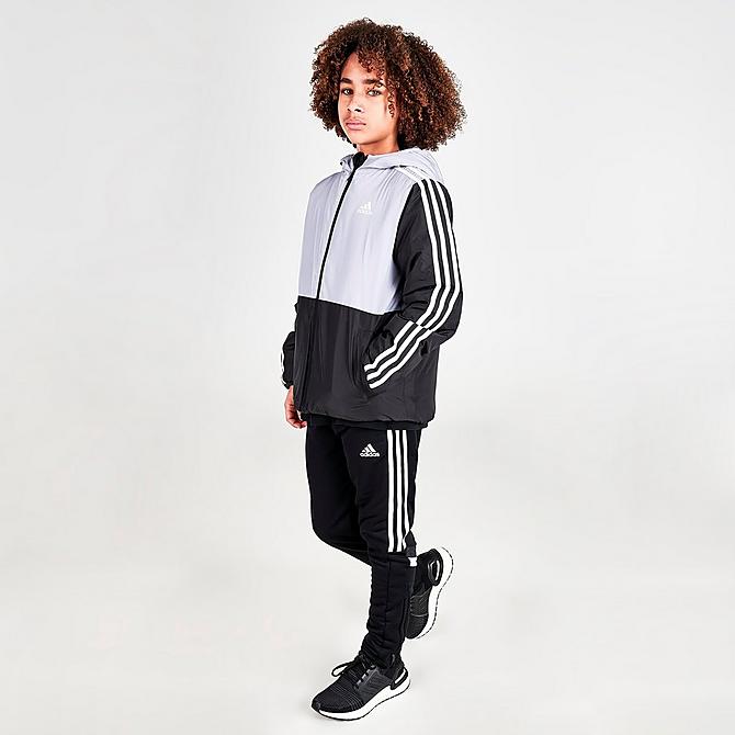 Front Three Quarter view of Boys' adidas Colorblocked Insulated Jacket in Black/Halo Silver Click to zoom