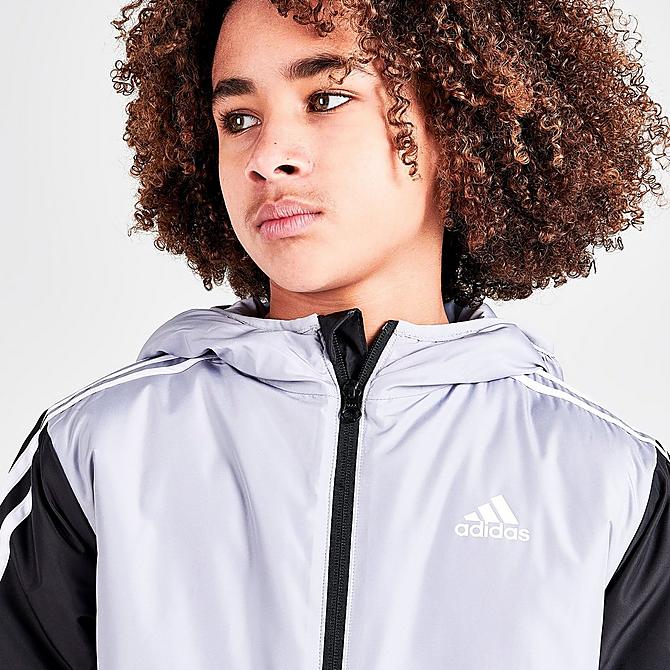 On Model 5 view of Boys' adidas Colorblocked Insulated Jacket in Black/Halo Silver Click to zoom