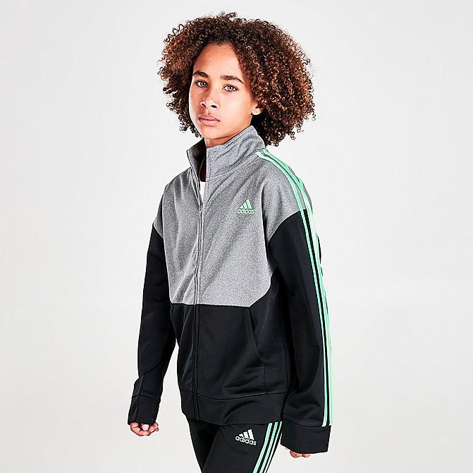 Front view of Boys' adidas Sportswear Full-Zip Heathered Tricot Jacket in Black/Grey/Green Click to zoom