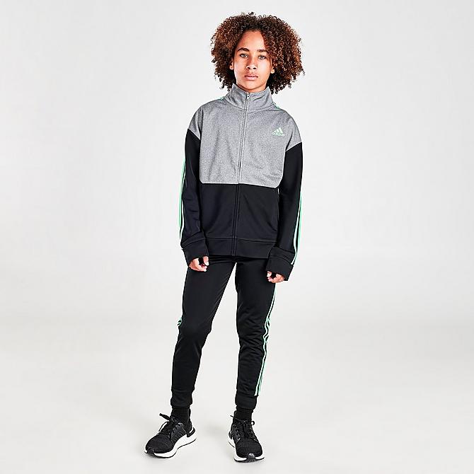 Front Three Quarter view of Boys' adidas Sportswear Full-Zip Heathered Tricot Jacket in Black/Grey/Green Click to zoom