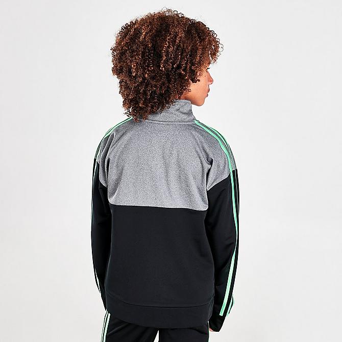 Back Right view of Boys' adidas Sportswear Full-Zip Heathered Tricot Jacket in Black/Grey/Green Click to zoom