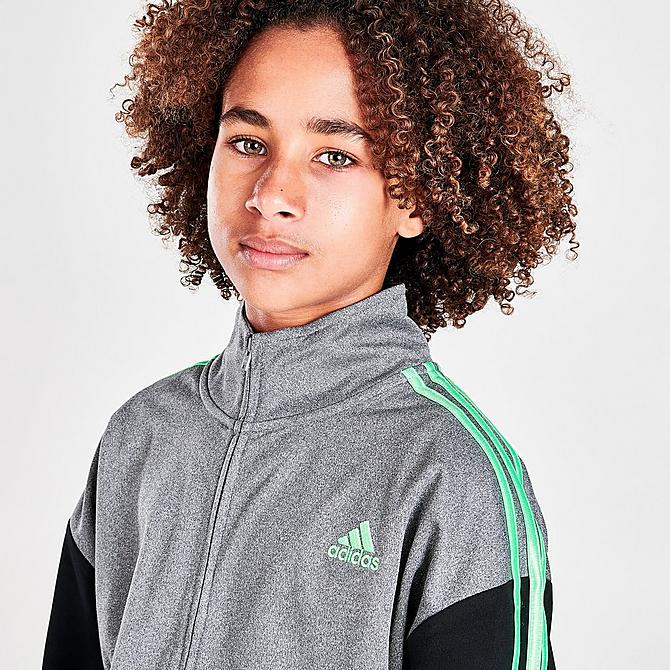 On Model 5 view of Boys' adidas Sportswear Full-Zip Heathered Tricot Jacket in Black/Grey/Green Click to zoom